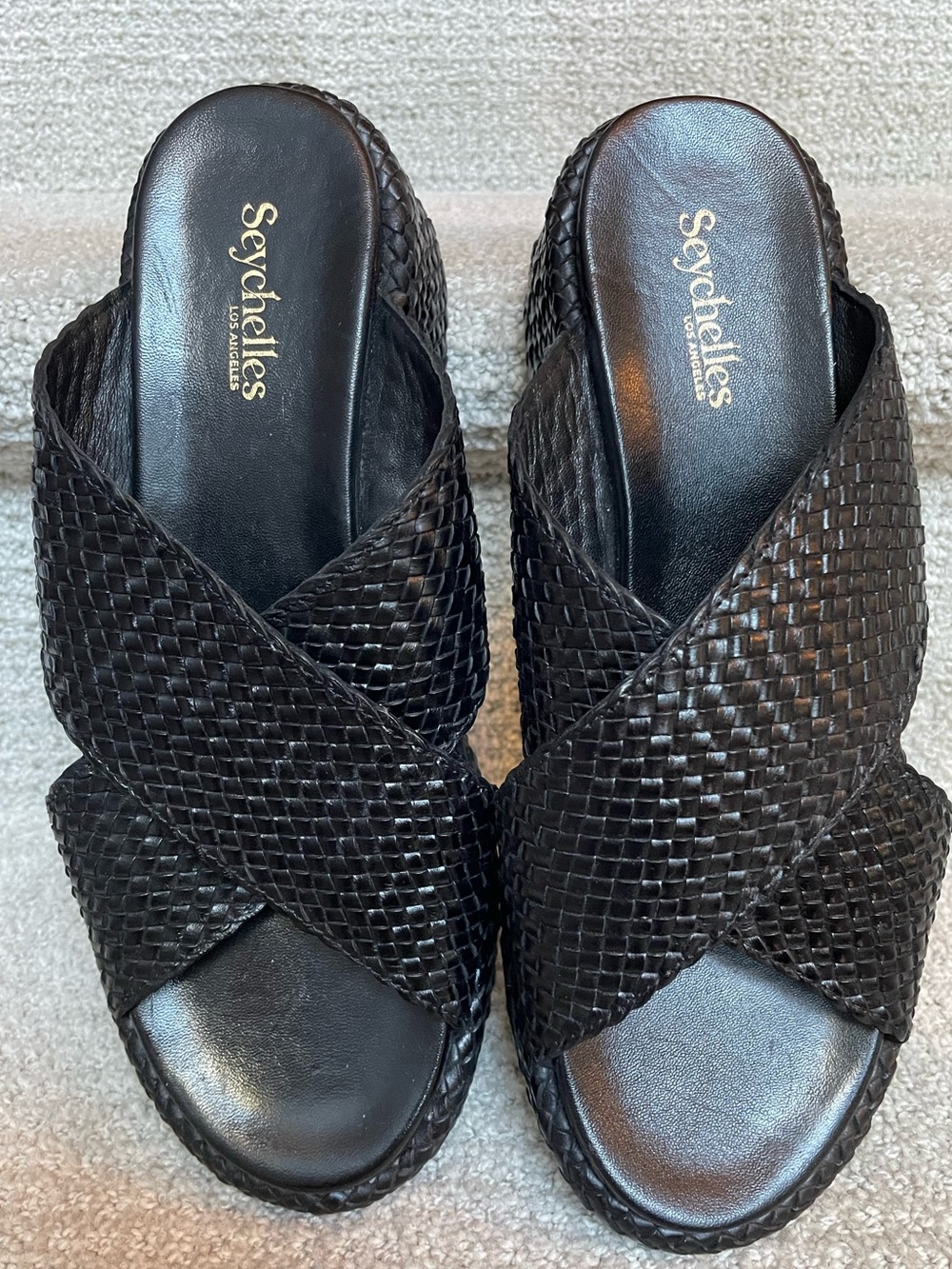 Seychelles Key West Woven Leather Platform Slides Black Sandals Women's Size 9 - Picture 2 of 11